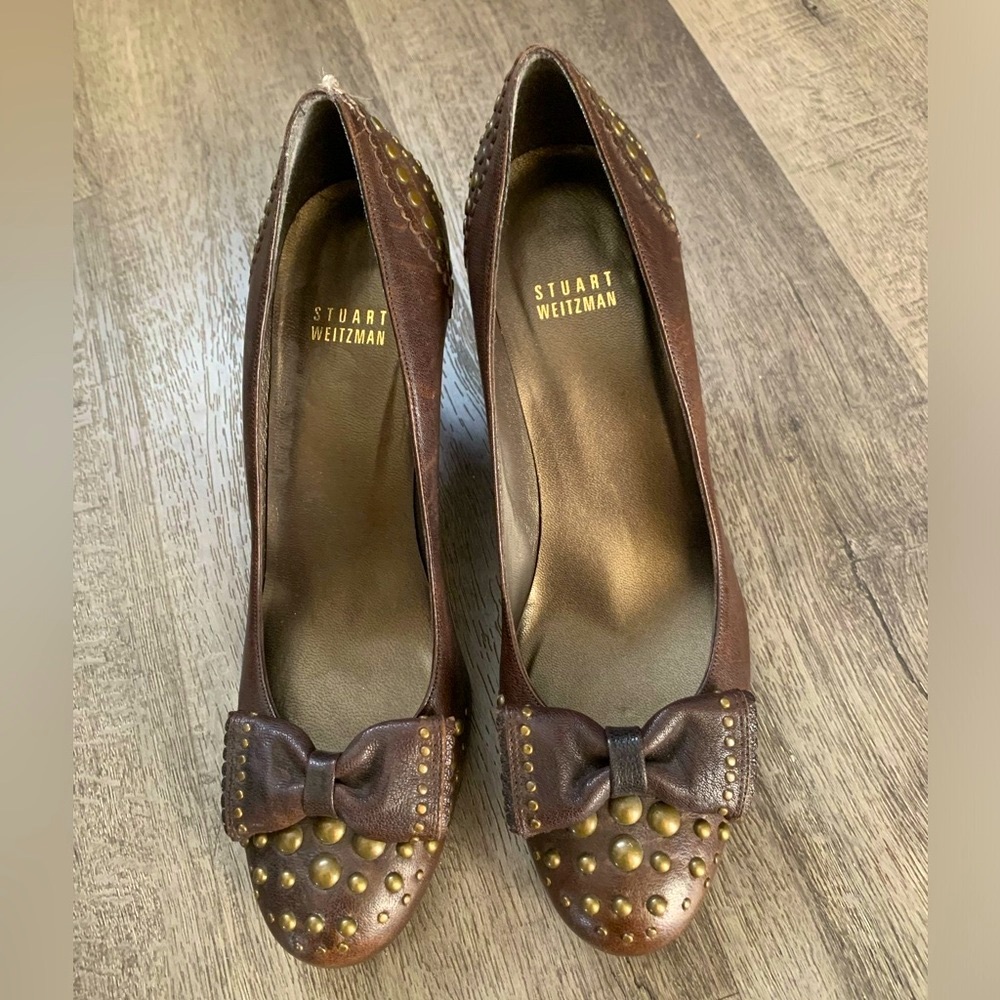 Stuart Weirzman Vintage Y2K Office siren Brown Leather Studded Bow Heels… - Picture 14 of 15